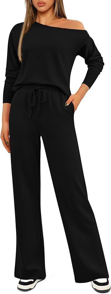 KIRUNDO Womens Fall 2 Piece Outfits 2024 Long Sleeve Off Shoulder Tops & Drawstring Wide Leg Pant... | Amazon (US)