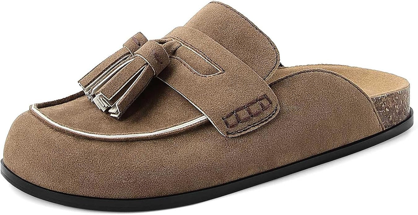 ZJGZF Suede Clogs for Women Cork Tassel Flat Loafers Comfort Mule Clogs Slip on Round Toe Walking... | Amazon (US)