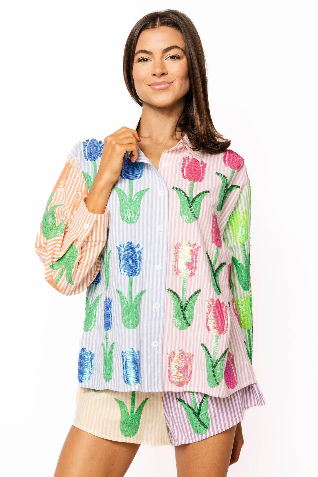Striped Colorblock Sequin Tulip Button Up Cotton Long Sleeve Top | Queen of Sparkles