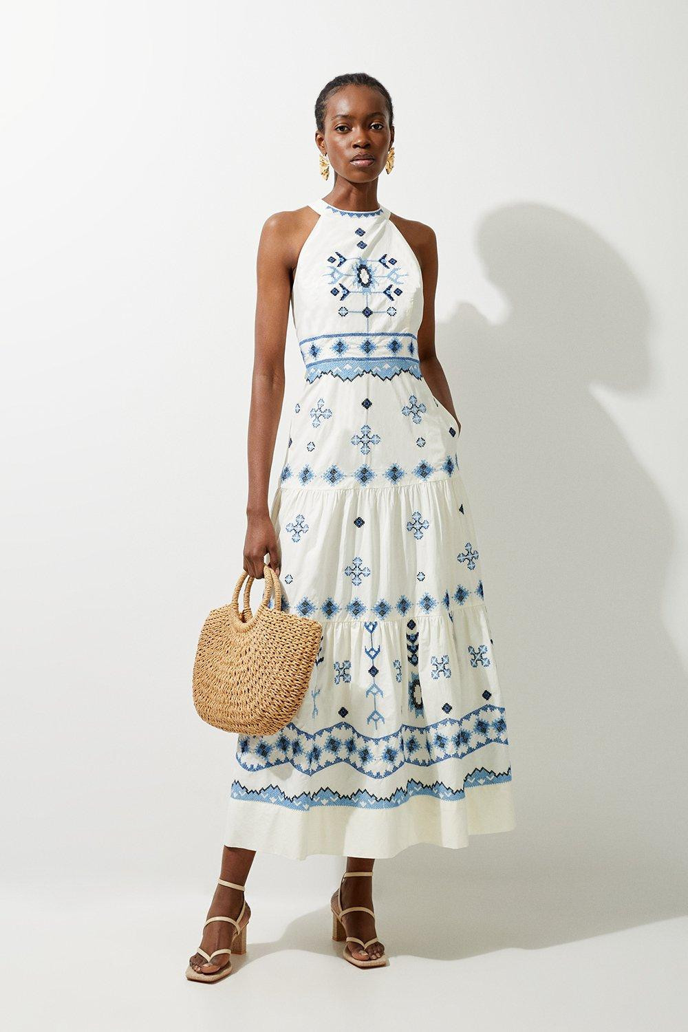 Cotton Embroidered Woven Halter Maxi Dress | Karen Millen US