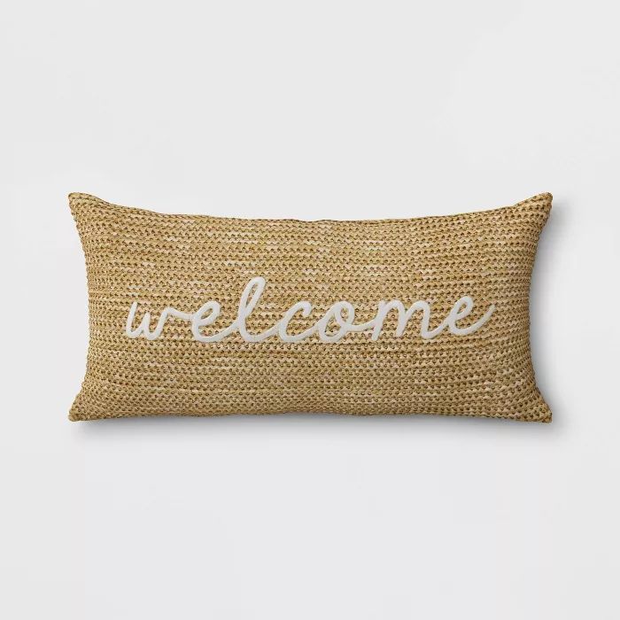 Welcome Woven Outdoor Lumbar Decorative Pillow Tan - Threshold™ | Target