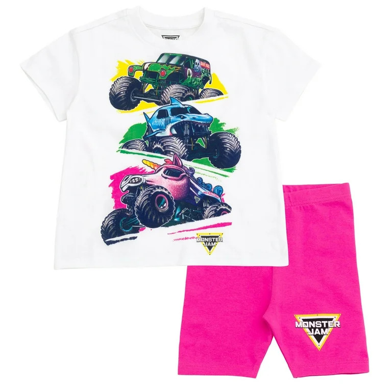 Monster Jam Grave Digger Megalodon Sparkle Smash Drop Shoulder T-Shirt and Bike Shorts Outfit Set... | Walmart (US)