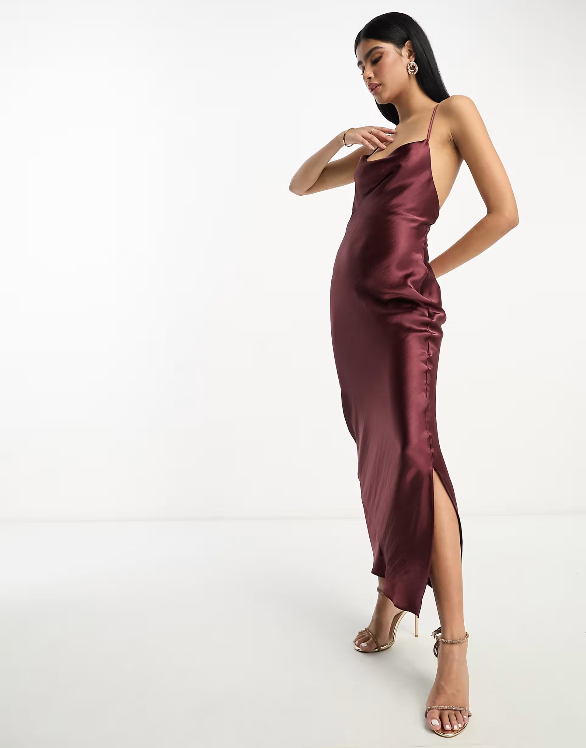 ASOS DESIGN Bridesmaid cami maxi slip dress in hi-shine satin with lace up back in wine | ASOS (Global)