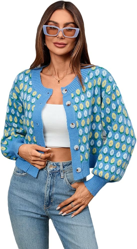 WDIRARA Women's Floral Button Down Ribbed Knit Crew Neck Cropped Cardigan Sweater | Amazon (US)