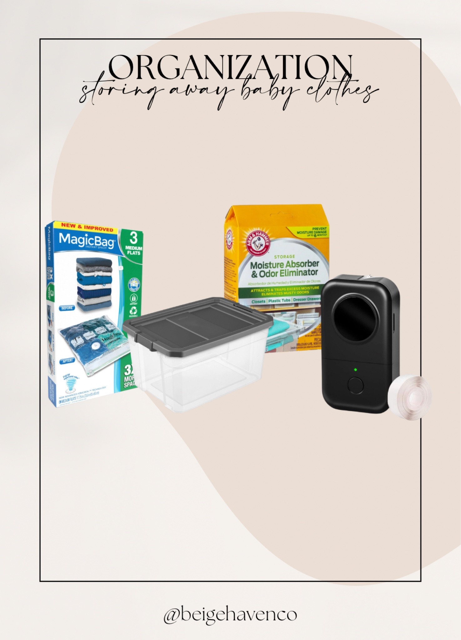 Everything I used to store away my sons baby clothes! I left bamboo clothing out of the vacuum bags. I put cotton etc in the vacuum bags. In the bin, I also put the moisture absorbent! 

#LTKFindsUnder50 #LTKBaby #LTKHome