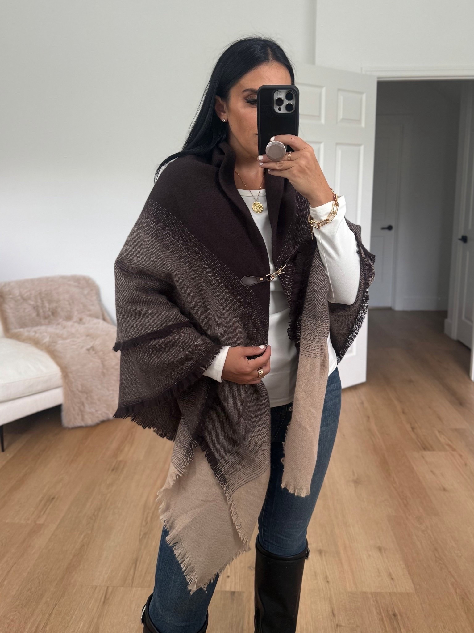 Time and Tru Women's Gradient Weave Toggle Poncho wearing size small/large. 