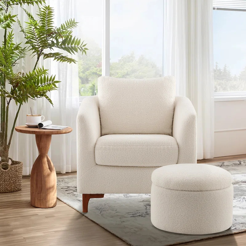 Amold Upholstered Barrel Accent Armchair With Storage Ottoman and Pillow | Wayfair North America