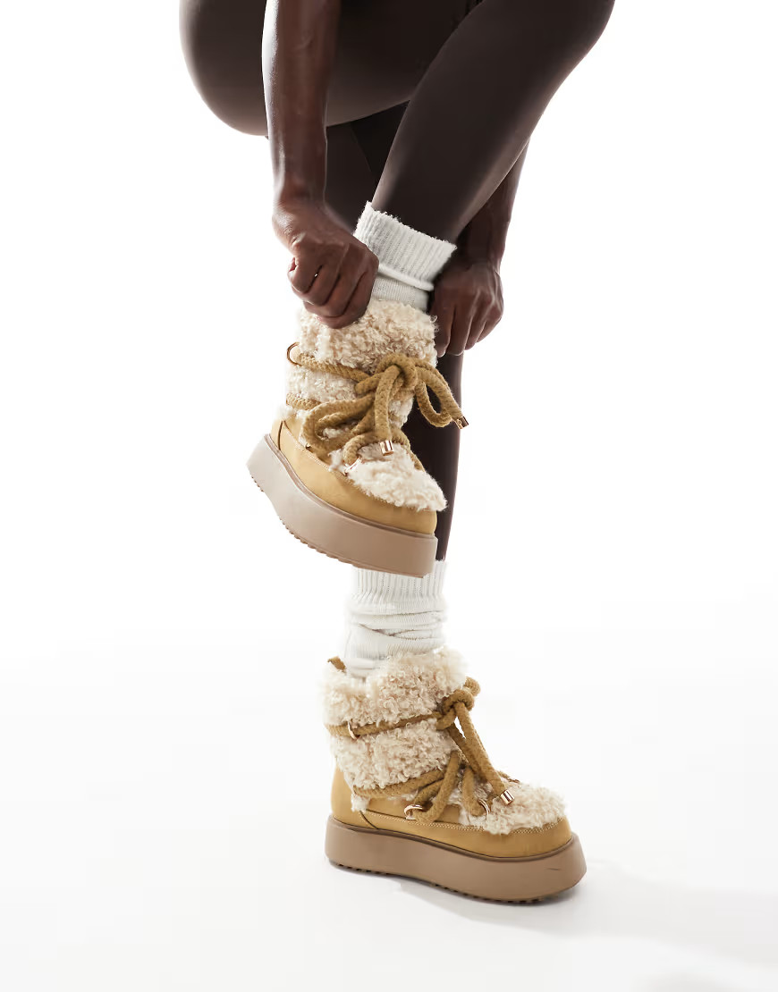 ASOS DESIGN Alpine shearling lace up snow boots in beige-Neutral | ASOS (Global)