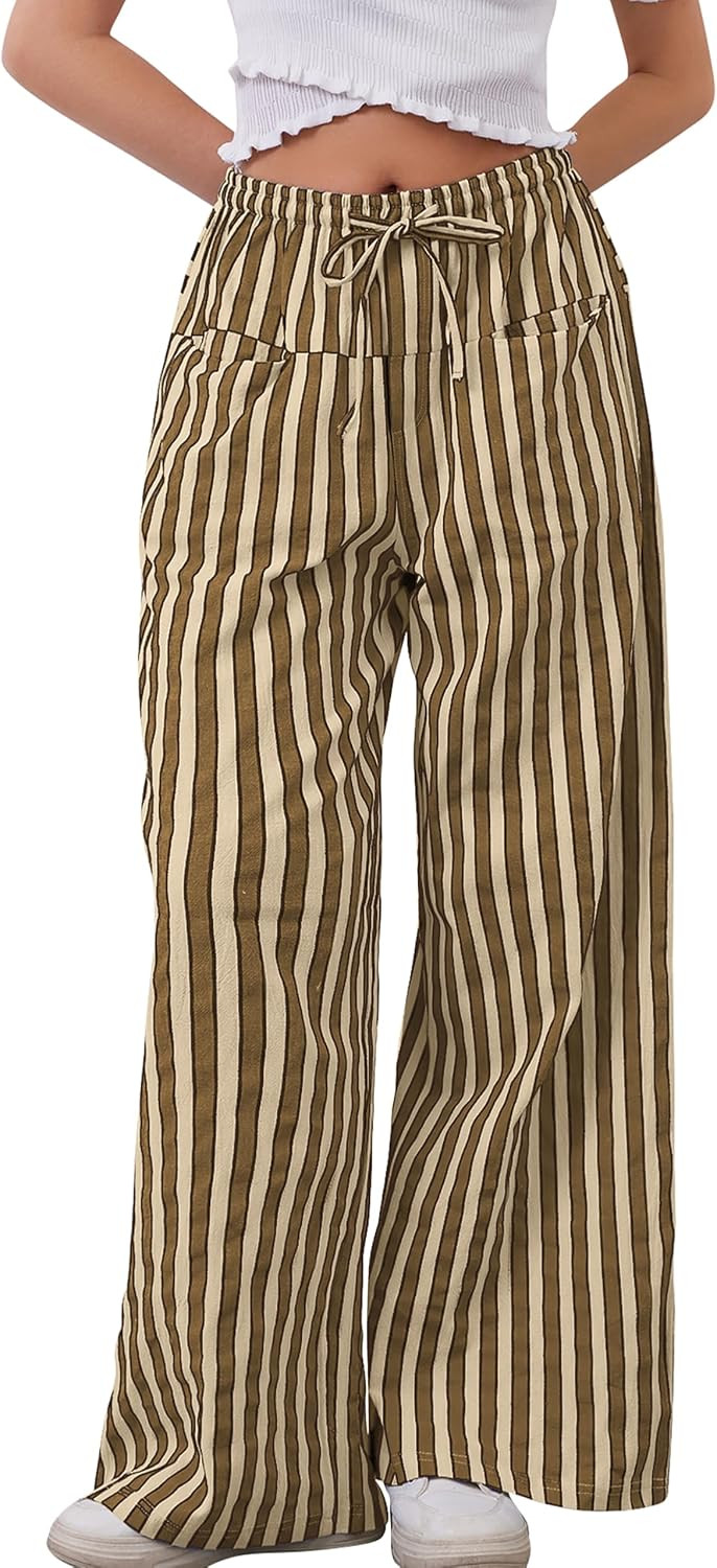MISSACTIVER Women Drawstring Striped Pants Loose Wide Leg Trousers Casual Low Waist Pants Comfy Lounge Pants with Pockets | Amazon (US)