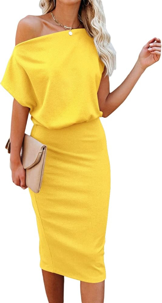 Ezbelle Women's Off The Shoulder Short Sleeve Ribbed Casual Party Bodycon Midi Dress | Amazon (US)