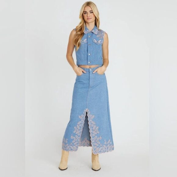 Driftwood/Free People Serena Maxi Denim Embroidered Skirt in Pink Promise | Poshmark