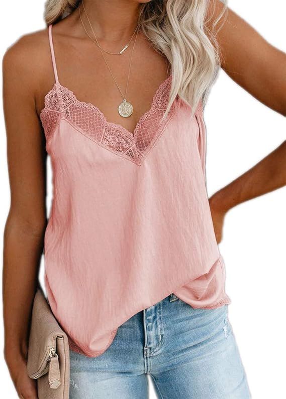 Summer Tank Tops for Womens Lace Cami V Neck Spaghetti Strap Sexy Camis Sleeveless T-Shirt | Amazon (US)