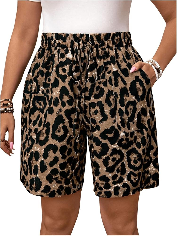 Floerns Women's Plus Size Cheetah Drawstring Track Shorts Leopard High Waisted Shorts | Amazon (US)
