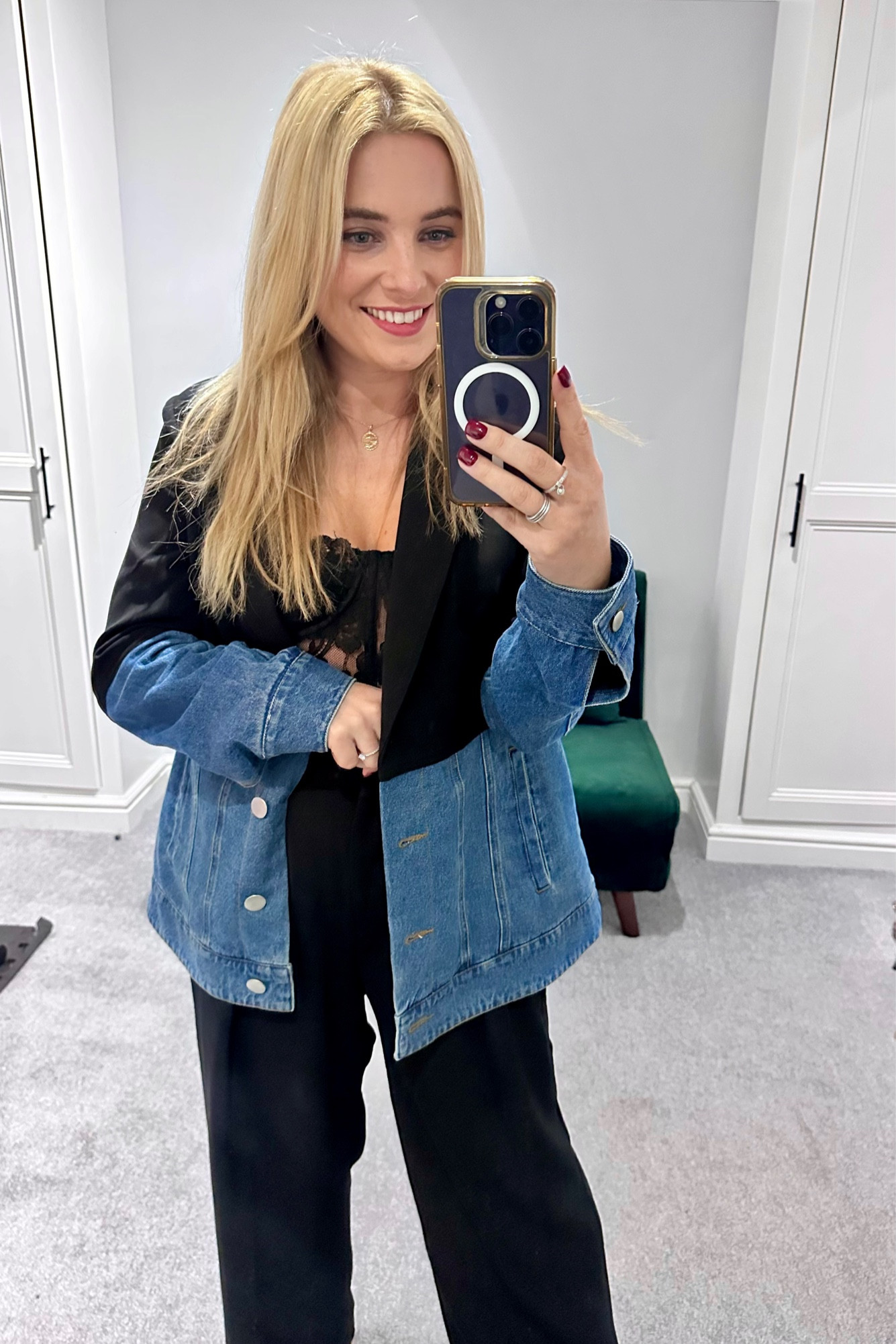 Denim jacket, two tone jacket, black tailored trousers, lace bralette, black and blue outfit, evening outfit, denim look, oversized jacket 

#LTKstyletip #LTKSeasonal #LTKeurope