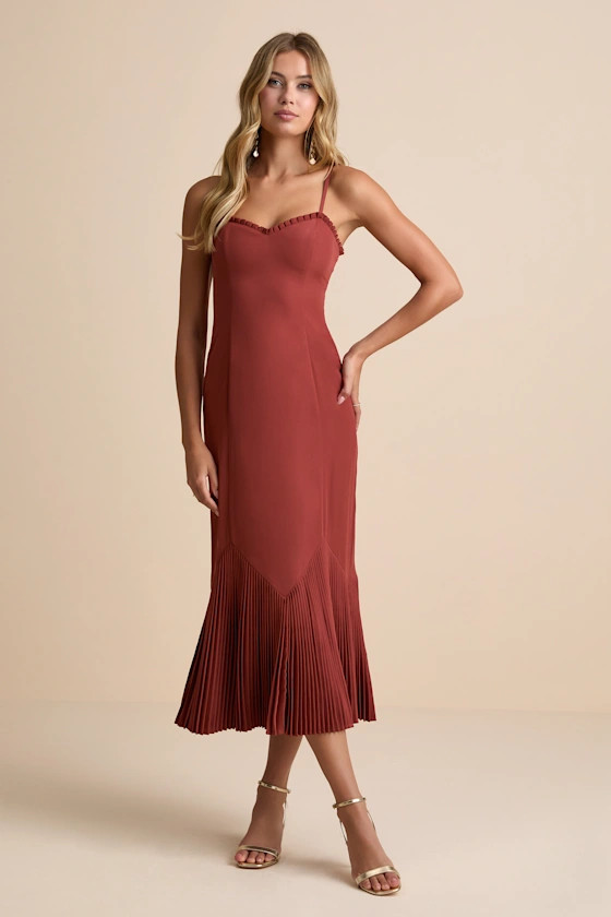 Channa Rust Red Pleated Hem Midi Dress | Lulus