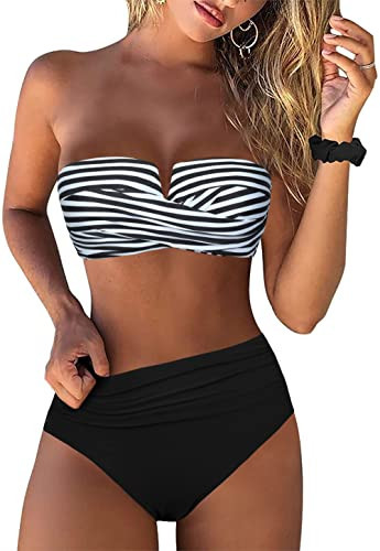 Hilor V Wire Bandeau Bikini Set for Women Sexy Halter Two Piece Swimsuits High Waisted Cheeky Bathing Suits Black Stripes 14 | Amazon (US)