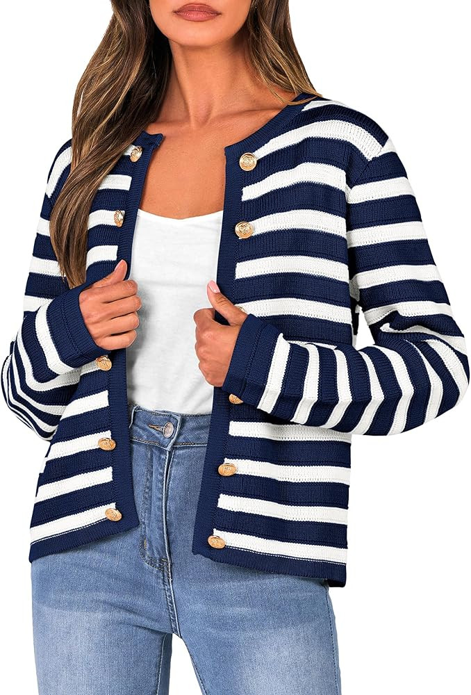 PRETTYGARDEN Women's Striped Cardigan Sweaters Ribbed Knit Long Sleeve Open Front Crewneck Casual... | Amazon (US)