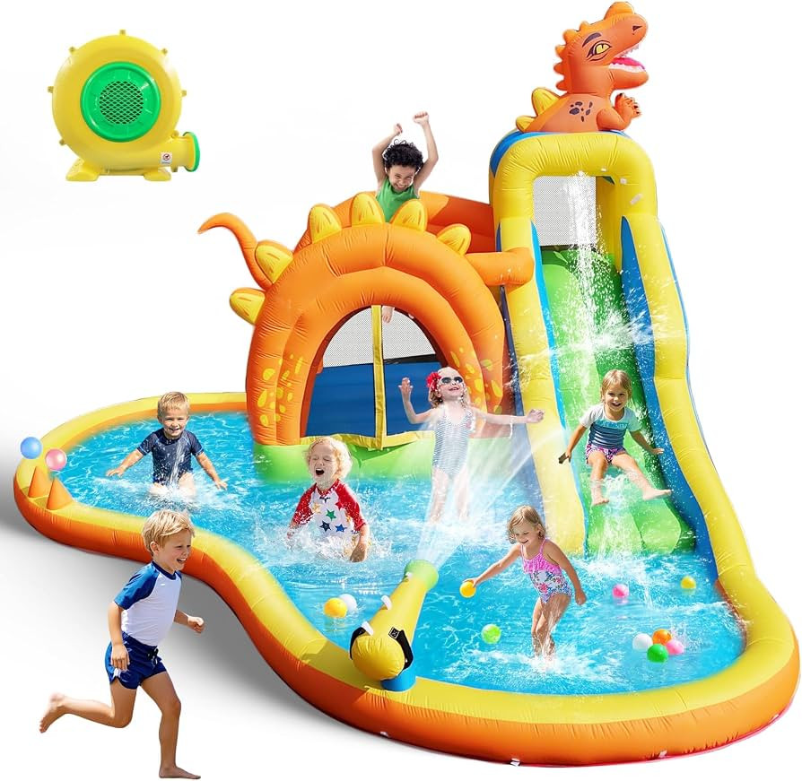 Dinosaur Inflatable Water Slide Park - 7 in 1 Bounce House with Slide, Jump Area, Splash Pool, Cl... | Amazon (US)