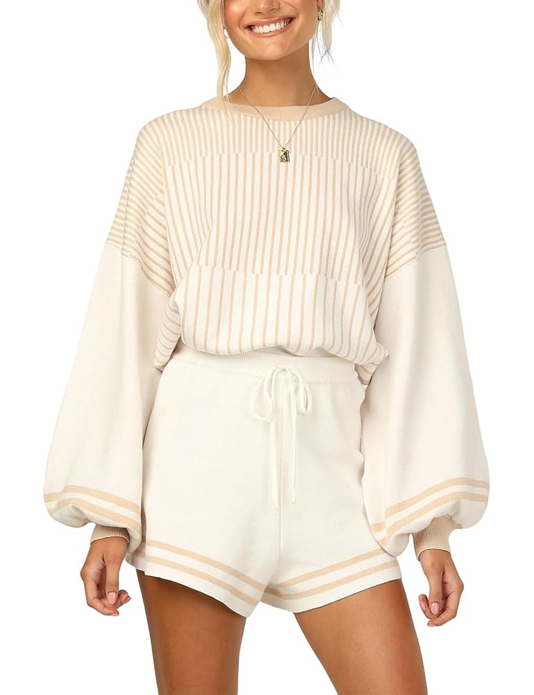 Arssm 2 Piece Sets for Women Casual Knitted Striped Crewneck Pullover Long Sleeve Sweater Shorts ... | Amazon (US)