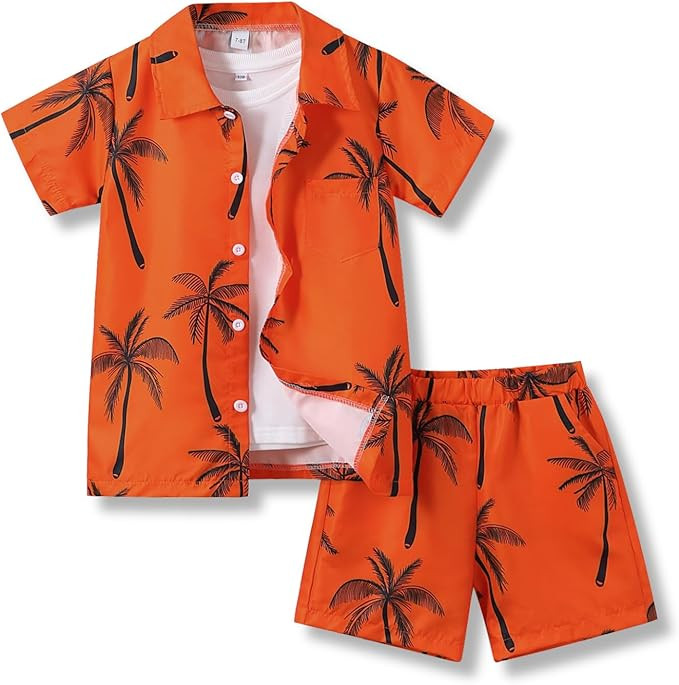 7-14 Years Boys Clothes 2 Piece Outfits Hawaiian Vacation Beach Short Sleeve Button Down Shirt an... | Amazon (US)