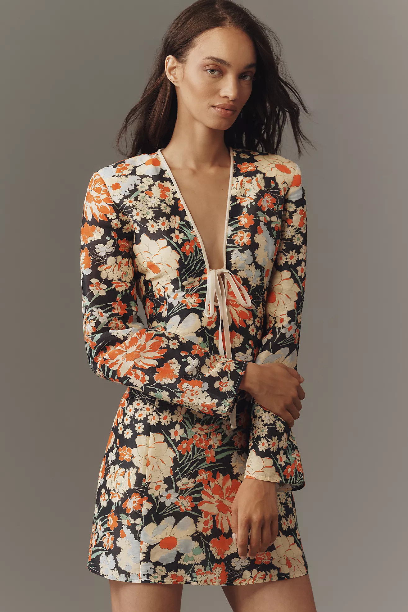 Lovaan Isla Linen-Silk Long-Sleeve V-Neck Mini Dress | Anthropologie (US)