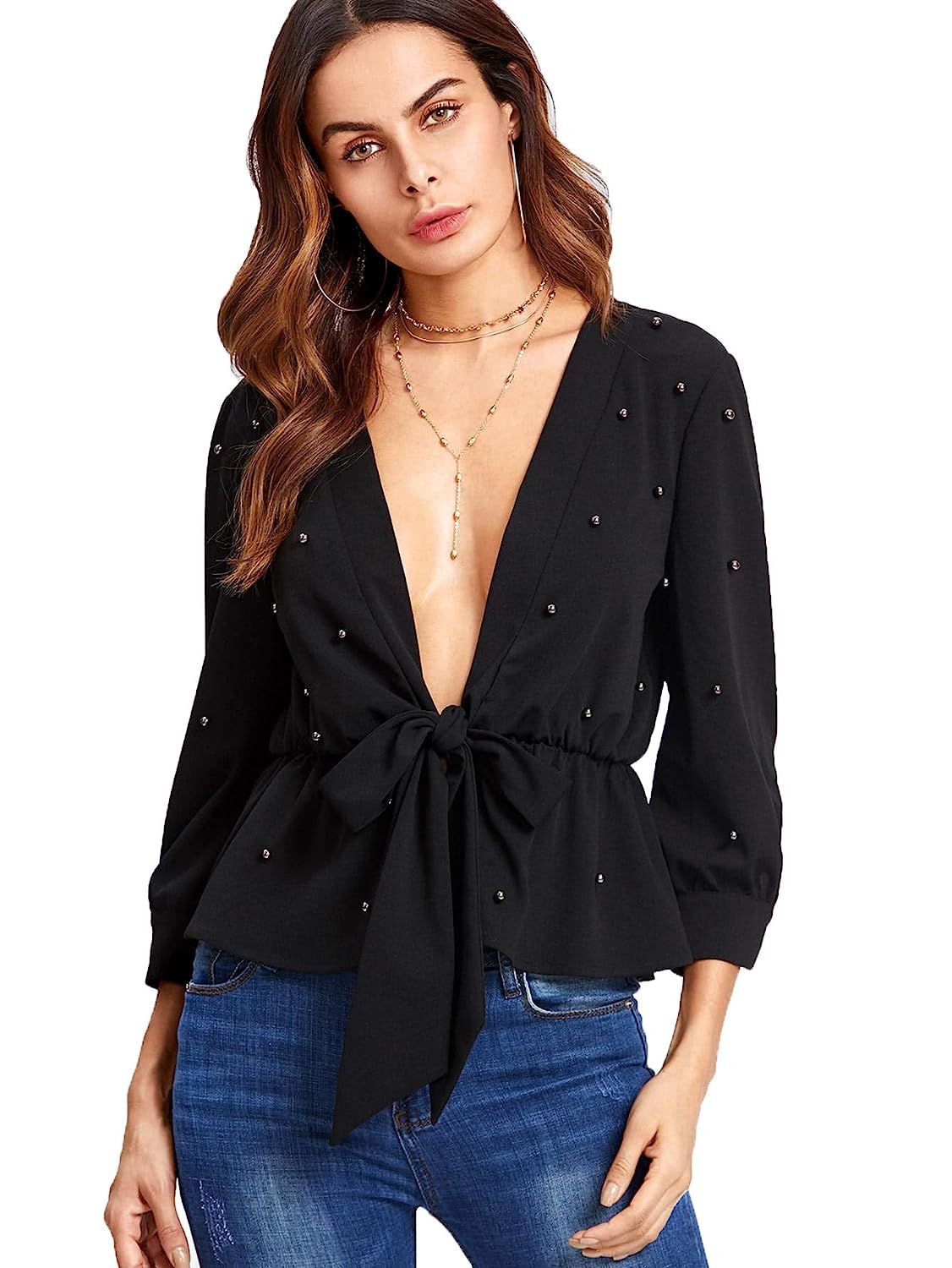 SheIn Women's Sexy Deep V Neck 3/4 Sleeves Beaded Self Tie Blouses | Amazon (US)