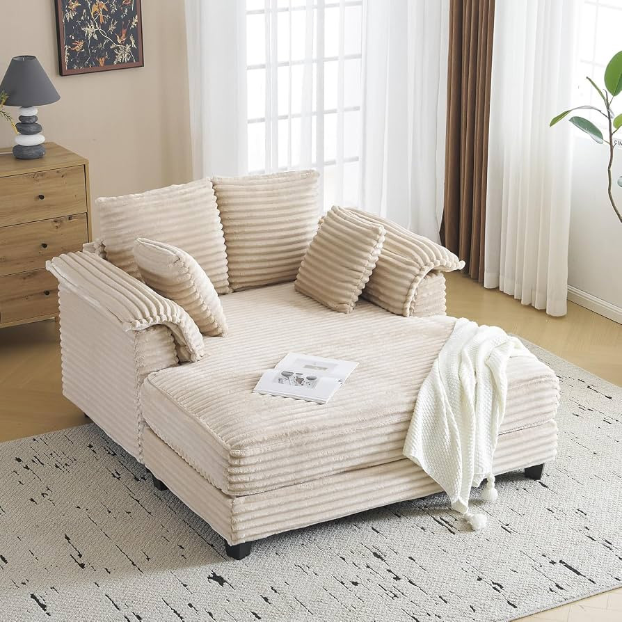 VINGLI 56" Oversized Chaise Lounge Chair, Beige Comfy Corduroy Chaise Sofa Recliner Bed Upholster... | Amazon (US)