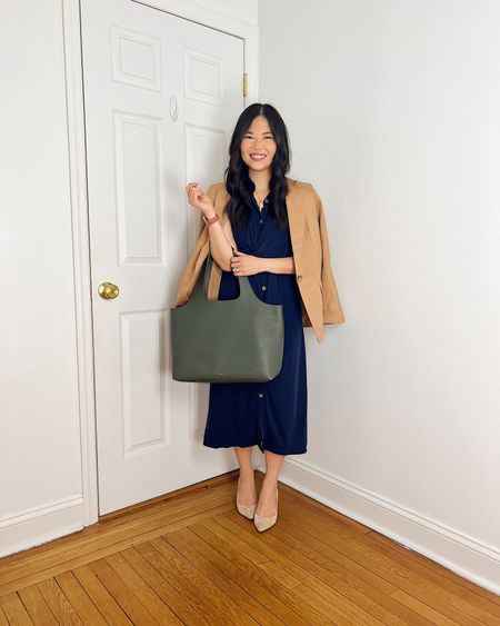 Camel blazer (2P)
Navy dress (2P)
Navy midi dress
Olive green tote bag
Cuyana System tote
Beige pumps
Beige suede pumps

#LTKfindsunder100 #LTKstyletip #LTKworkwear