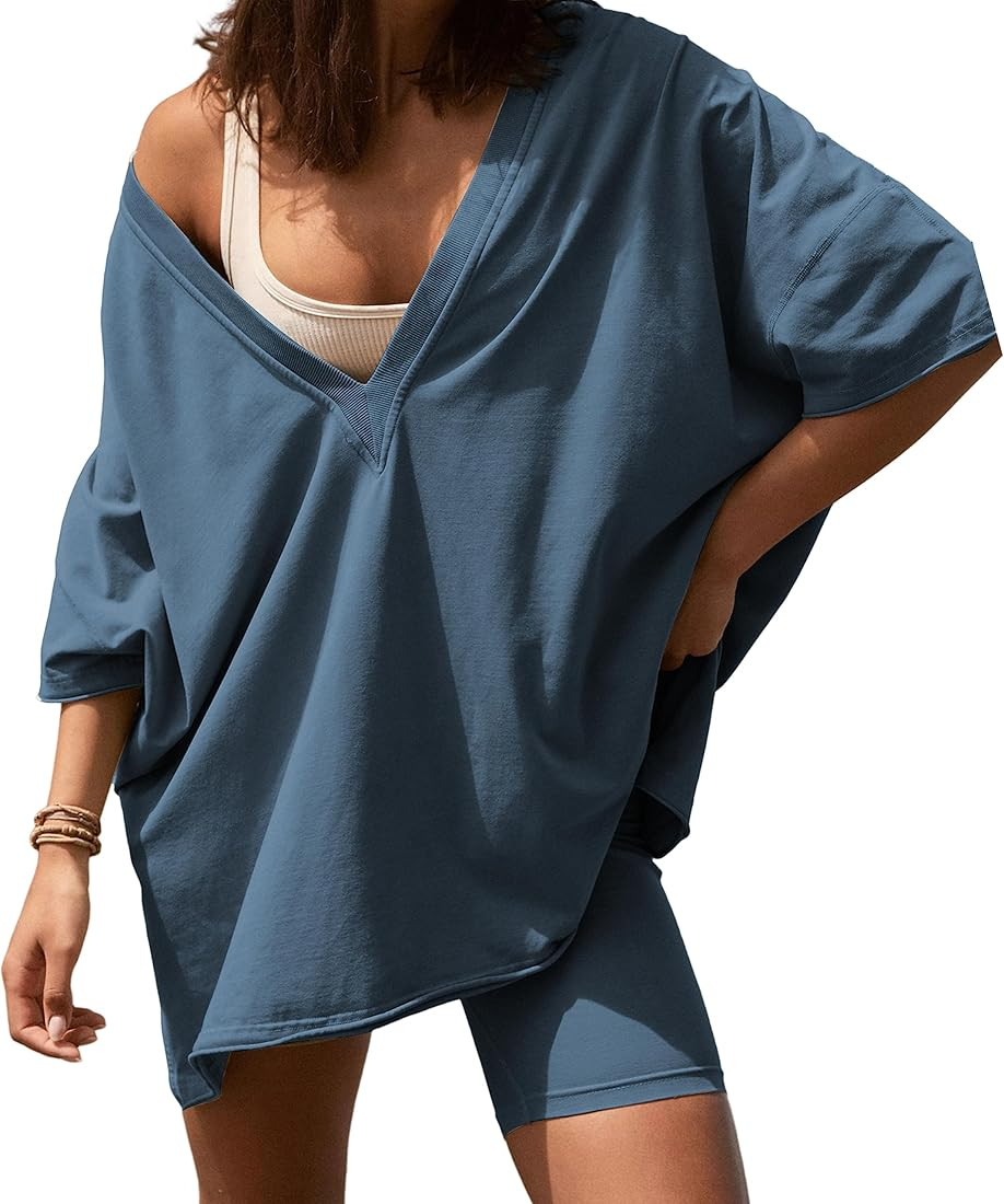 Athlisan 2 Piece Shorts Set for Women Oversized V Neck T Shirt Biker Shorts Workout Hot Shot Reversi | Amazon (US)