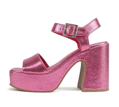Soda LAUNCH ~ Women Open Toe Ankle Strap Platform Chunky High Heeled Sandal (Pink Shimmer, 8.5) | Amazon (US)