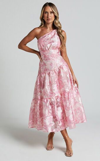 Lettie Midi Dress - One Shoulder Tiered Dress in Blurred Rose | Showpo (US, UK & Europe)