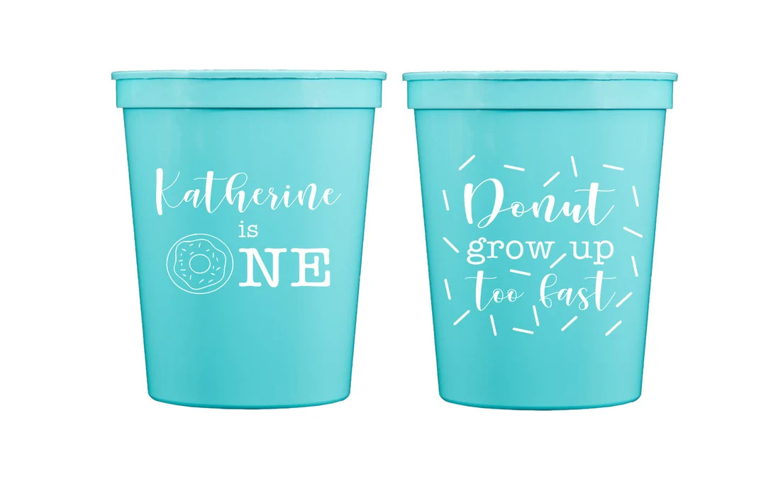 Donut birthday cups, Donut themed birthday, Donut first birthday party, Personalized plastic cups... | Etsy (US)