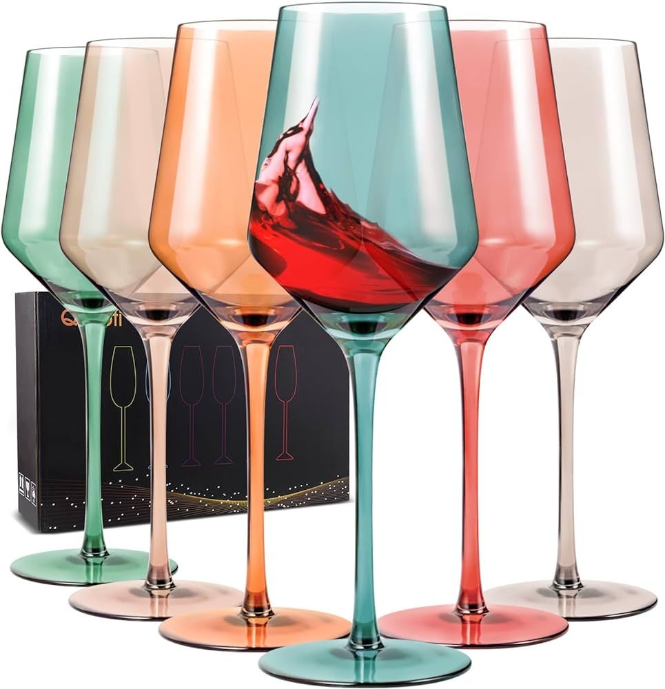 Qmioti Colored Wine Glasses, Set of 6 Stemmed Wine Glasses, 15oz European Style Tall Drinkware - ... | Amazon (US)