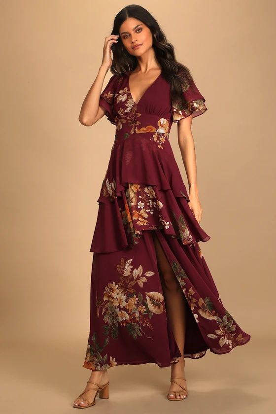 Midnight Mood Burgundy Floral Print Tiered Maxi Dress | Lulus (US)