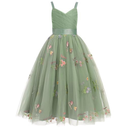 IBTOM CASTLE Spring Dresses for Girls 14-16: Flower Girls Spaghetti Strap Tulle Floral Dress Long A Line Wedding Pageant Dresses Princess Birthday Party Ball Gown Formal Dress Sage Green 9 Years | Amazon (US)