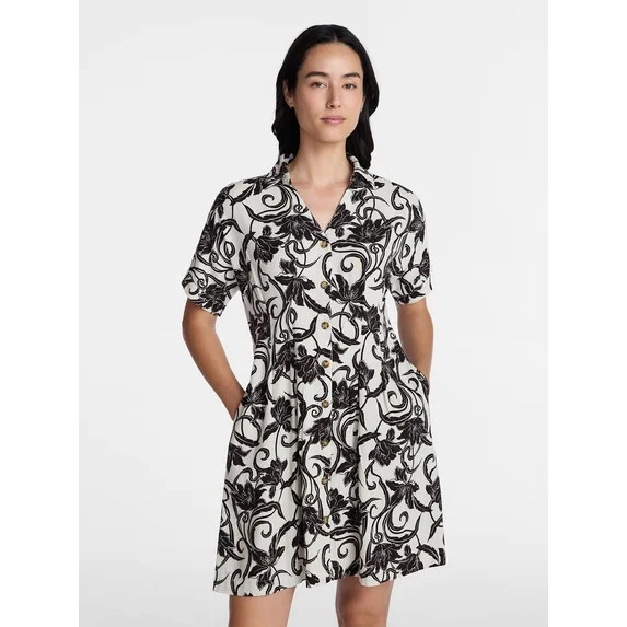 Time and Tru Women's Linen Pleated Waist Fit And Flare Mini Shirt Dress, Sizes XS-XXXL | Walmart (US)