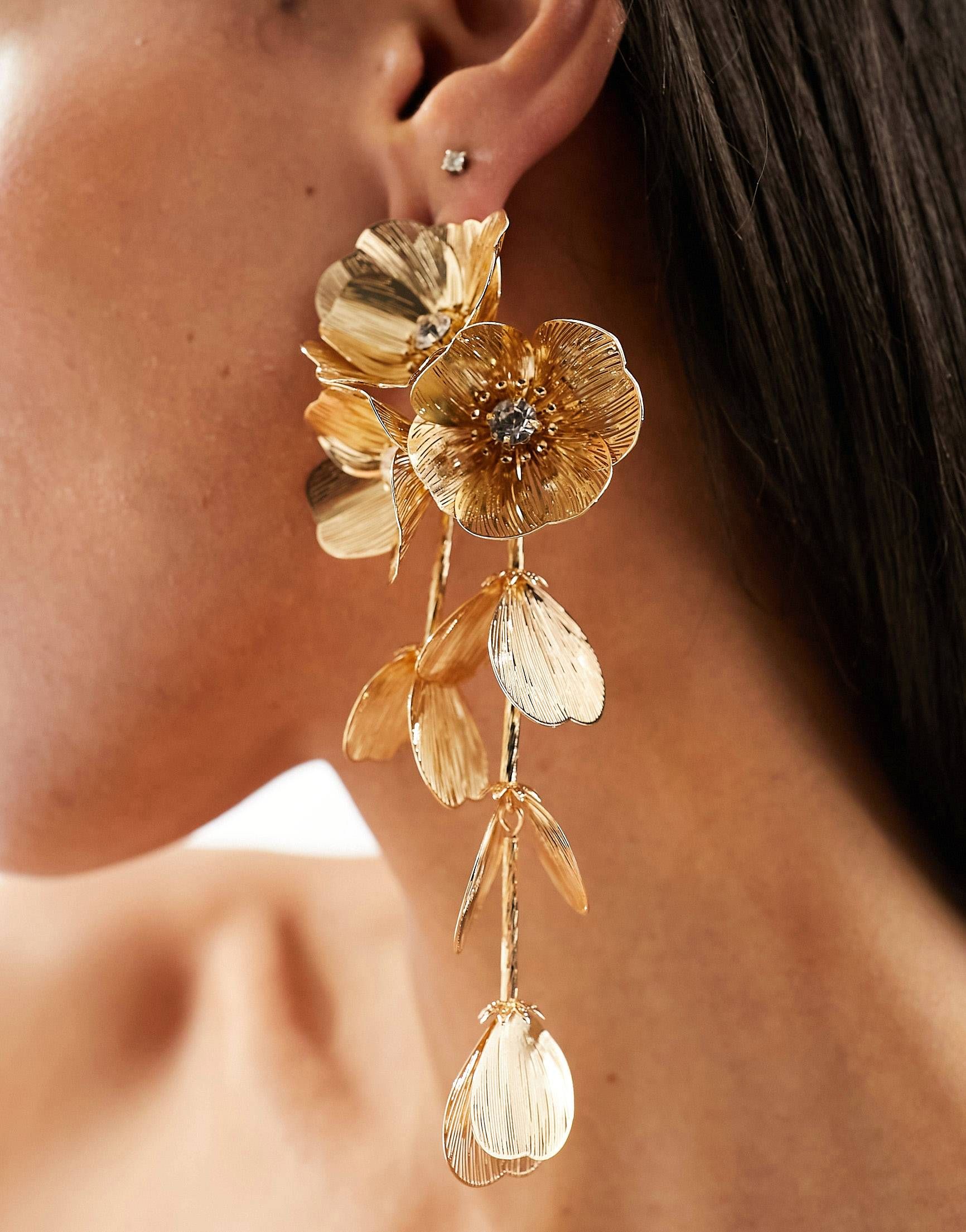 ASOS DESIGN drop earrings with 3D floral design in gold tone | ASOS | ASOS (Global)