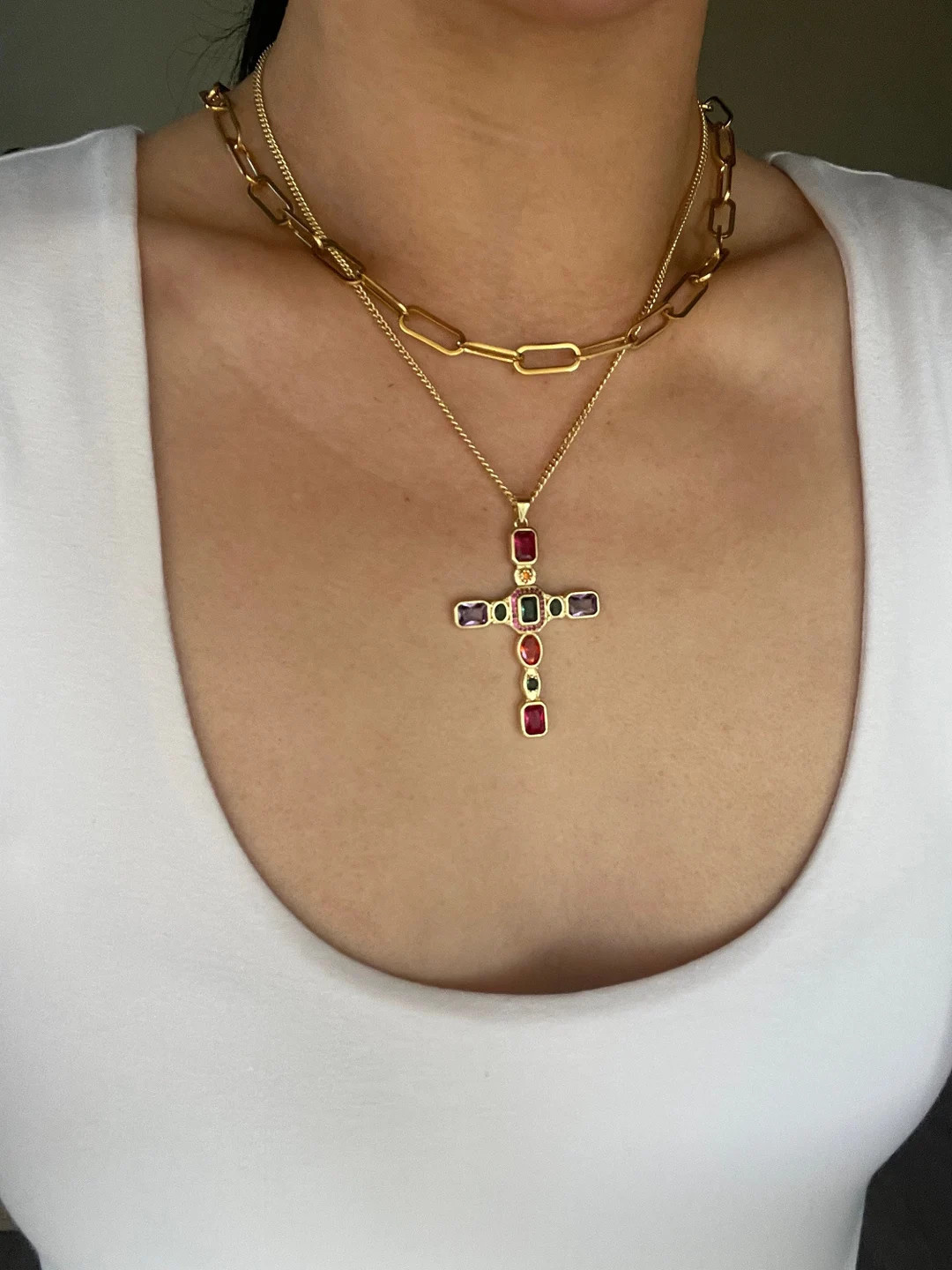 Gold Multicolor Cross Necklace, Cross Necklace, Large Cross Necklace, Religious Cross, Gemstone C... | Etsy (US)