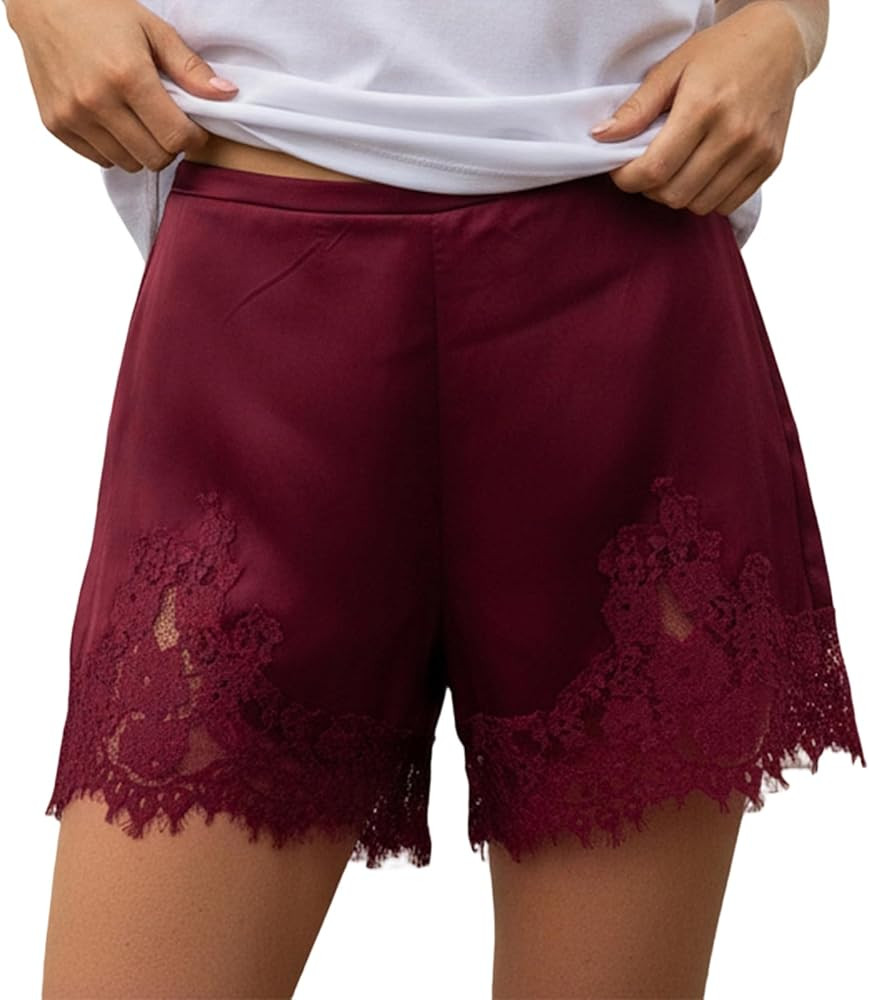 Womens Lace Trim Satin Shorts Y2k Shiny Elastic Waist Mini Shorts Side Zip Slip Pj Bottoms French... | Amazon (US)