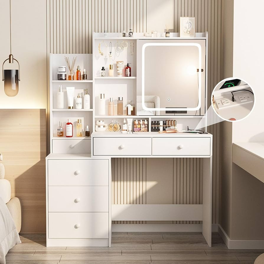 Vabches Vanity Desk with Mirror and Lights,Makeup Vanity with 6 Drawers and Shelves,Dressing Tabl... | Amazon (US)