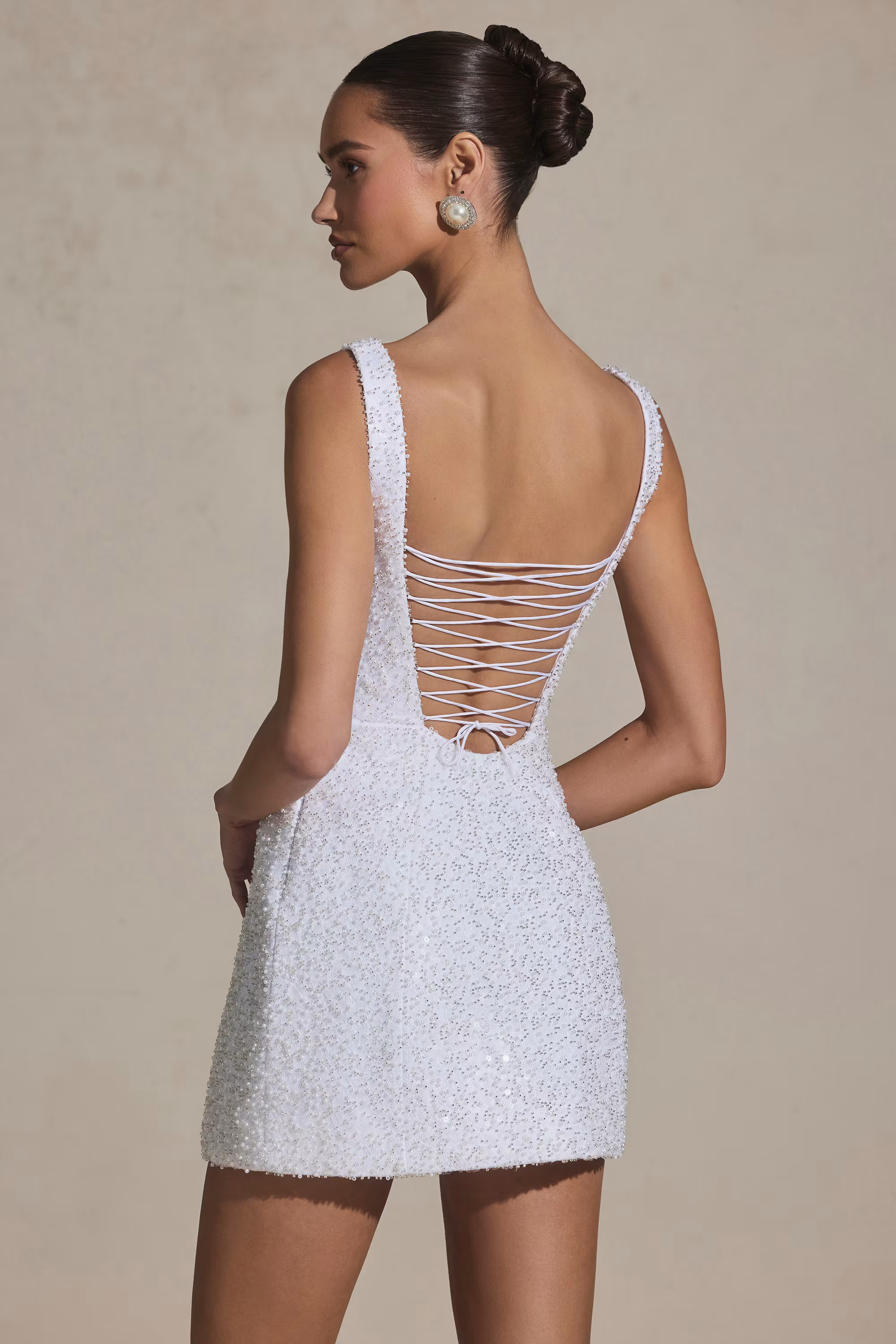 Embellished Structured A-Line Mini Dress in White | Oh Polly