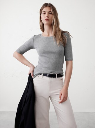 Ribbed Elbow-Sleeve T-Shirt | Banana Republic Factory