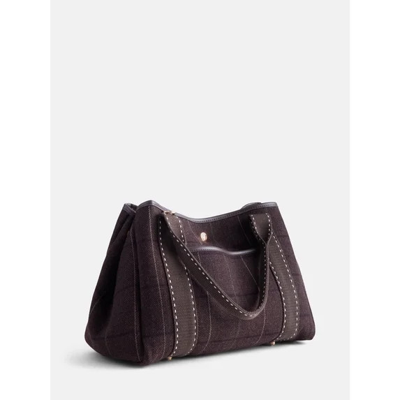 Free Assembly Women’s Plaid Medium Tote Handbag, Dark Brown | Walmart (US)