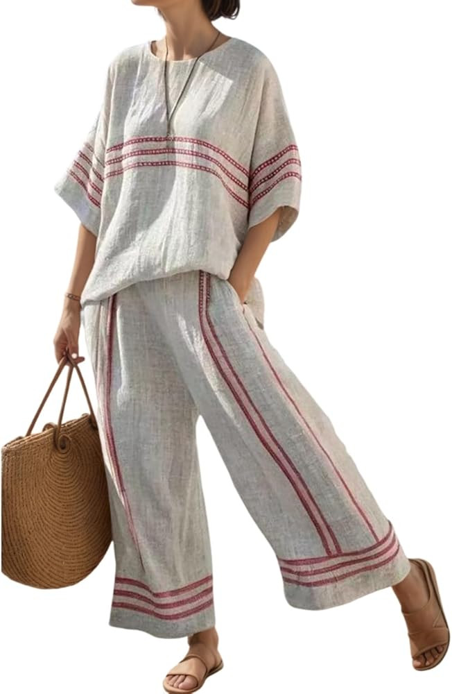 TIAFORD Women's Linen Striped 2 Piece Sets Summer Oversized Loose Half Sleeve Tops Tshirt and Wid... | Amazon (US)