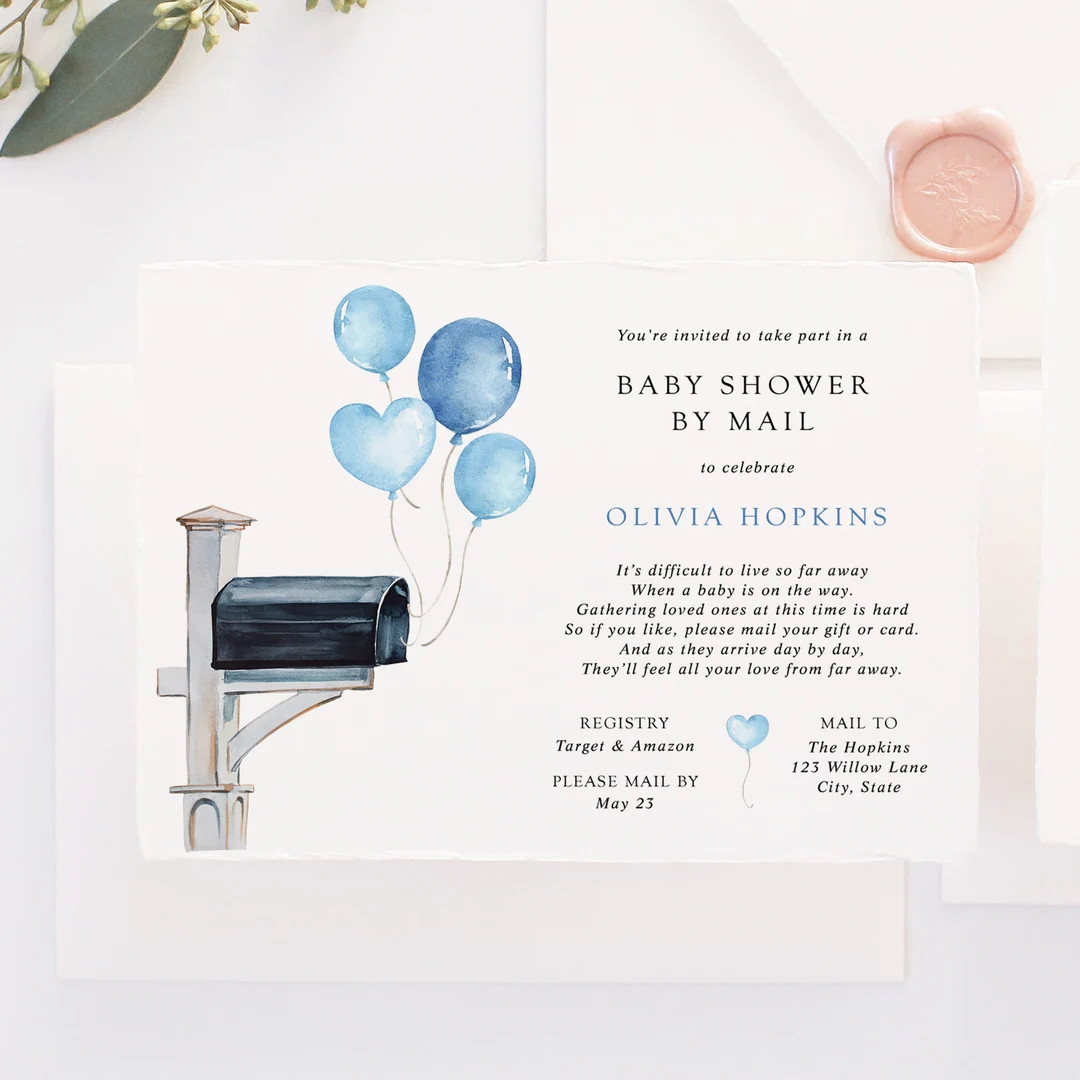 Boy Baby Shower by Mail Invitation | Blue Balloons | Printable Instant Download for Long Distance... | Etsy (US)