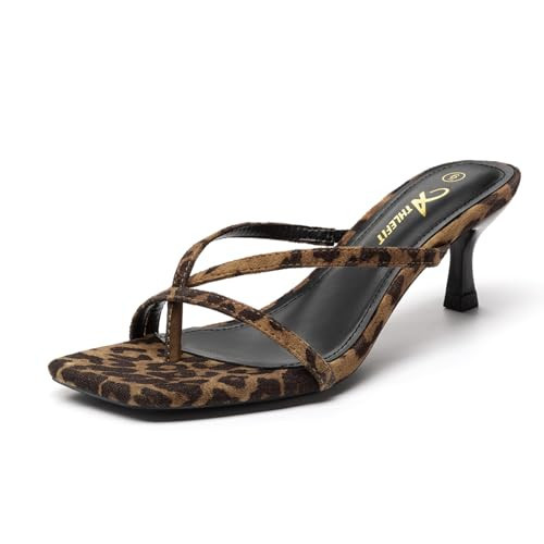 Athlefit Women's Strappy Kitten Heels Square Open Toe Flip Flop Low Heels Summer Fashion Party Dress Shoes Thong Heeled Sandals Leopard Size 11 | Amazon (US)