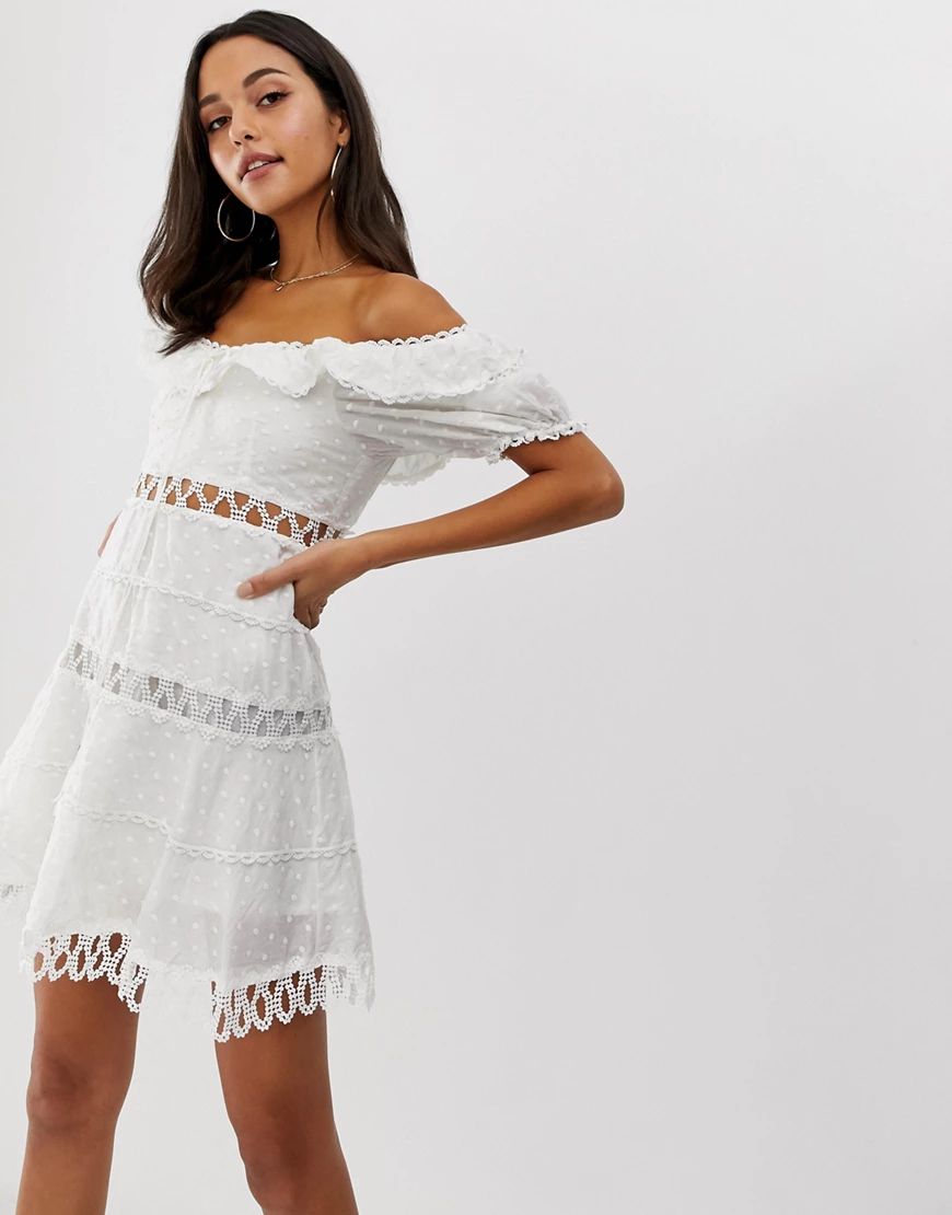 Forever Unique embroidered off shoulder mini dress-White | ASOS (Global)