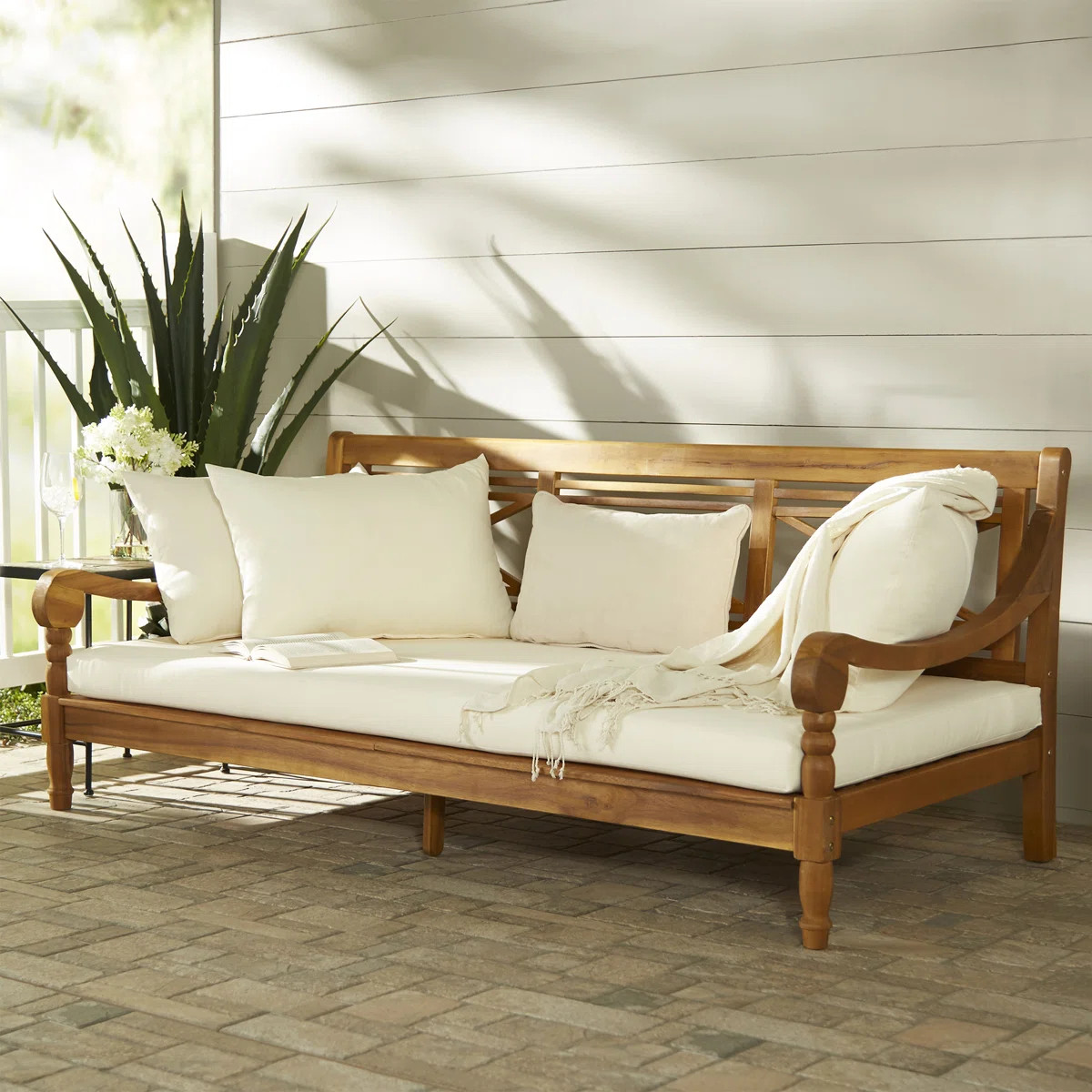 71.7'' Wide Straight Acacia Patio Daybed with Cushions | Wayfair North America