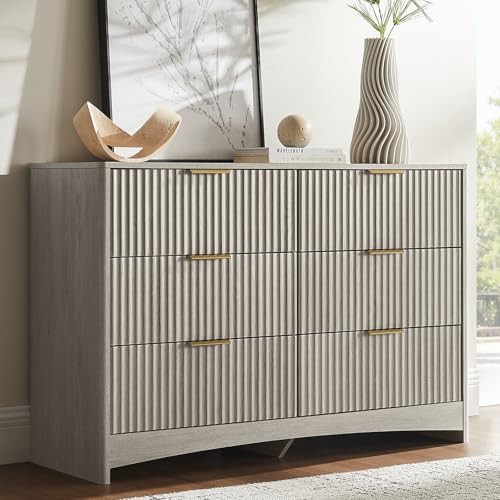 Amada Modern 6 Drawer Dresser, Fluted Wood Chest of Drawers with Rounded Corners, Pre-Installed Drawer Slides, Dresser TV Stand and Storage Organizer for Bedroom, Hallway, Grey | Amazon (US)