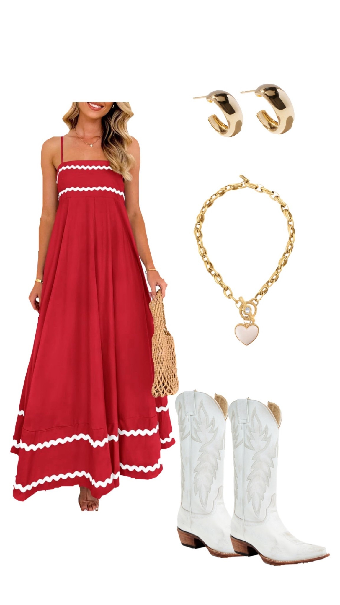 game day outfit inspo, Georgia game day, red maxi dresses, maxi dress, cowboy boots, white cowboy boots, nc state gameday outfits, Alabama gameday outfits, golf jewelry, heart necklace 